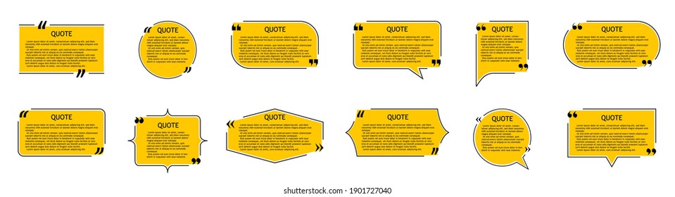 Quote of text in box. Quotation, comment, dialog with frame. Speech bubble in shapes with title, commas and borders. Template for memo and typography on design background. Banner of info. Vector.