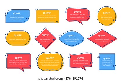 Quote text box. Quotations frame. Vector. Info comments and messages in textboxes. Set of speech bubbles on color background. Colorful illustration. Simple minimalistic style. Yellow, red, blue design