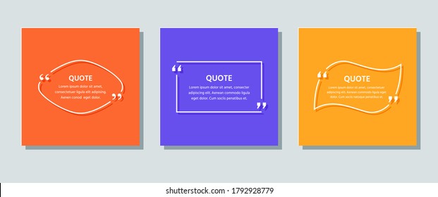 Quote text box. Quotations frame template. Vector. White info comments and messages in textboxes on color background. Set of speech bubbles. Colorful illustration in line style with rectangle and oval