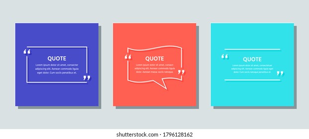 Cita el cuadro de texto. Plantilla de marco de citas. Vector. Comentarios de información en blanco y mensajes en los cuadros de texto sobre el fondo de color. Juego de burbujas de voz. Ilustración colorida. Cartas con frases entre corchetes.