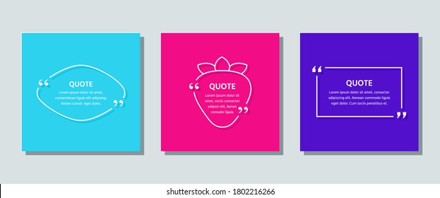 Quote text box. Quotations frame template. Vector. White info comments in textboxes on color background. Cards with phrases in brackets. Set of speech bubble messages. Colorful illustration.