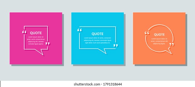 Quote text box. Speech bubbles on color background. Template frames quotations. Vector. Set of info comments and messages in textboxes. Colorful retro illustration in line style.  