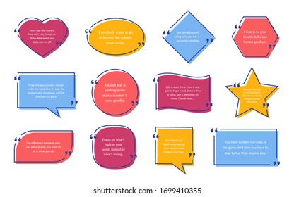 Quote text box. Vector. Quotations frame template. Speech bubbles. Set of info comments and messages in textboxes on white background. Colorful illustration in line style. 