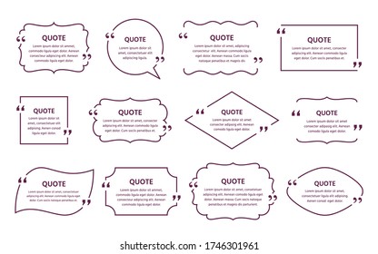 Quote text box. Vector. Quotations frame. Decorative vintage templates. Speech bubbles. Set of info comments and messages in textboxes on white background. Simple retro illustration in line style. 