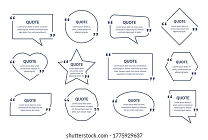 Quote text box. Vector. Quotations frame template. Set of info comments and messages in textboxes. Speech bubbles on white background. Color illustration in line style. 