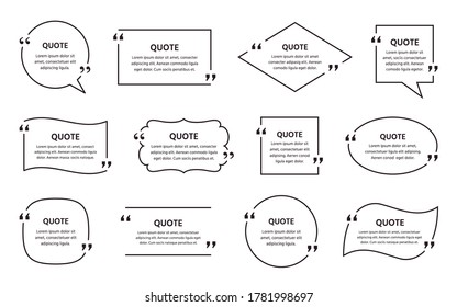 Quote text box. Vector. Quotations frame. Set of info comments and messages in textboxes. Speech bubbles on white background. Illustration in line art style. Simple minimalistic design.   