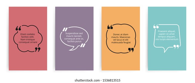 Quote text bubble with commas. Text brackets vector template. Cards speech bubbles for quotation, slogan, description