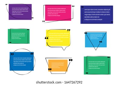 Quote text design template.Abstract texting boxes. Speech citation balloon note, vector remark frame set of quotation bubble blog quotes symbols.