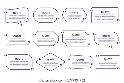 Quote text frame. Vector. Quotations box template. Set of info comments and messages in textboxes. Speech bubbles on white background. Color illustration in line style.  