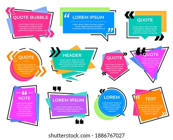 Quote text frames. Information bubbles, note message or texting block. Colorful info banner, creative quotation square recent vector set