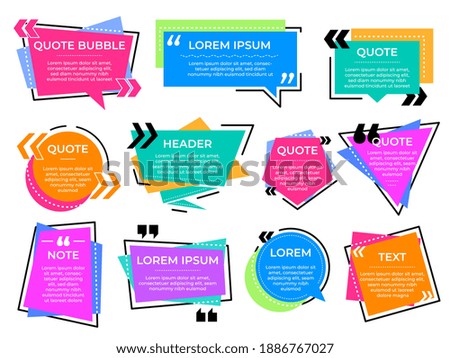 Quote text frames. Information bubbles, note message or texting block. Colorful info banner, creative quotation square recent vector set