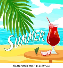 Quote text Summer and Alcoholic red cocktail juice - Shiny Advertising party banner with ice and dragon fruit pitahaya. Palm beach in an exotic tropical sunny tourist country near wavy ocean or sea. 