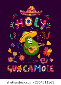 Quote or t-shirt print holy guacamole with cartoon cheerful avocado character, nachos chips, mexican sombrero and tropical flowers. Vector colorful lettering with alebrije style symbols of Mexico