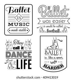  Quote typographical background about dance and ballet . Vector template for card banner and poster with hand drawn elements and illustration of pointe shoes on white background.