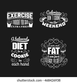 Quote typographical background about food and diet with illustration of hands, ice cream, croissant, cake, french fies and hand drawn elements . Template for business card poster and banner.