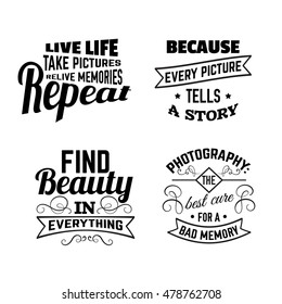 Quote typographical background about photography with illustration of camera in hand drawn sketch style. Template for card poster and banner in vintage style. 