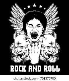 Quote typographical background about rock . Hand drawn illustration of girl, devil, wings. Template for card, poster, banner, print for t-shirt. 