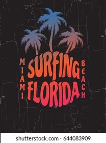  Quote typographical background  about surfing with silhouette of palms.   Template for card, poster, postcard, banner, print for t-shirt.