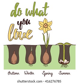 Quote Typographical Background with bulb flowers narcissus for gardener 'Do what you love'. Positive poster with flowers life time line.