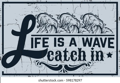 Quote typographical background with hand drawn illustration of sea waves. Placard with vintage texture. Template for card, poster, banner, print for t-shirt