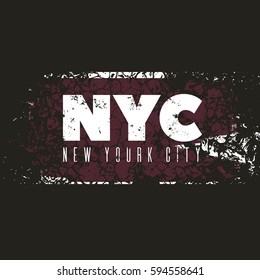 Quote typographical background " NYC New York City" in minimalistic style with grunge texture. Template for card poster banner print for t-shirt.