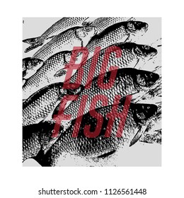 Quote typographical background. Vector hand drawn illustration of fishes made in pointillism style. Template for card, poster, banner, badge and pin. 