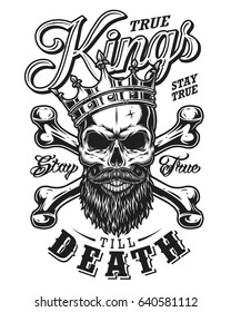 quote typography with black and white king skull in crown with beard on white background