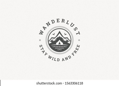 Quote typography with hand drawn mountains and tent symbol for greeting card or poster and other. Wanderlust stay wild and free phrase or sayings with design elements vector illustration.