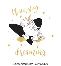 Quote unicorn card/ background in vector with quote, hand drawn. Character Illustration in pastel colors for cards, baby shower, birthday, mugs, t-shirts.