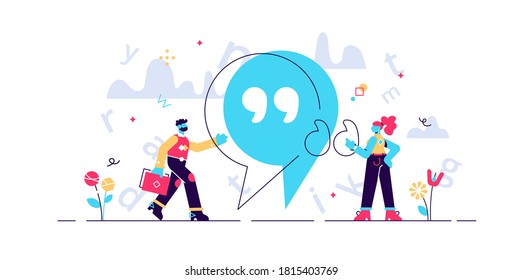 Quote vector illustration. Flat tiny punctuation quotation mark persons concept. Abstract inverted pair commas sign in writing system for direct speech or phrase. Symbolic citation text language item.