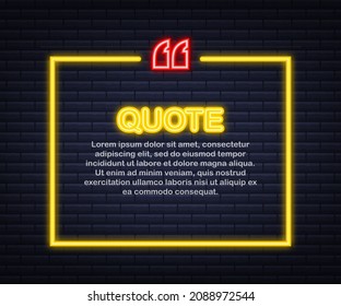 Quote. Vector Neon Quote Box, Shining on Blue Background. Vector illustration.