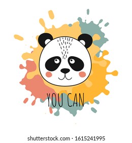 Quote You Can. Cute panda face on hand drawn design elements with inks. Template card for birthday, baby shower gift. Vector Illustration