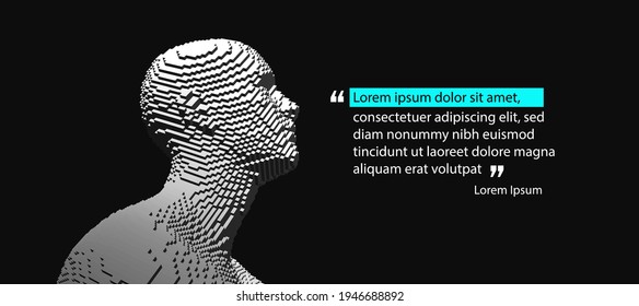 Quoted text. Person leaving comment.  Man face in profile. Cover design template. Voxel art. 3D vector illustration for presentation, social media or print purpose. 