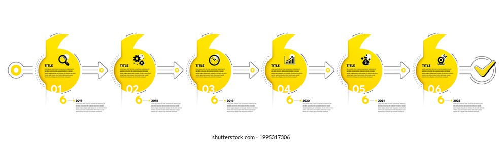 Quotes bookmarks journey infographics. Business Infographic timeline with 6 steps. Workflow process diagram with Research, Working time, Growth chart and Goal target icons. Vector