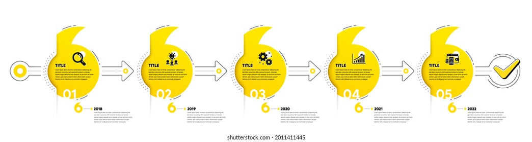Quotes bookmarks journey infographics. Business Infographic timeline with 5 steps. Workflow process diagram with Research, Working idea, Data Analysis and Money reward icons. Vector