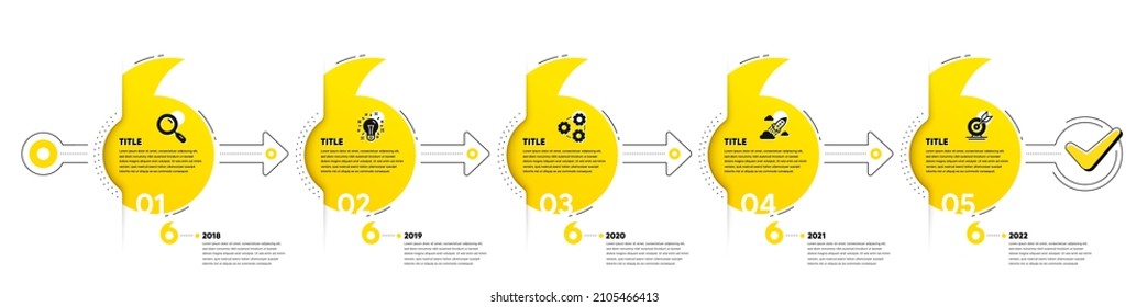 Quotes bookmarks journey infographics. Business Infographic timeline with 5 steps. Workflow process diagram with Research Idea, Working, Startup rocket and Goal target icons. Vector