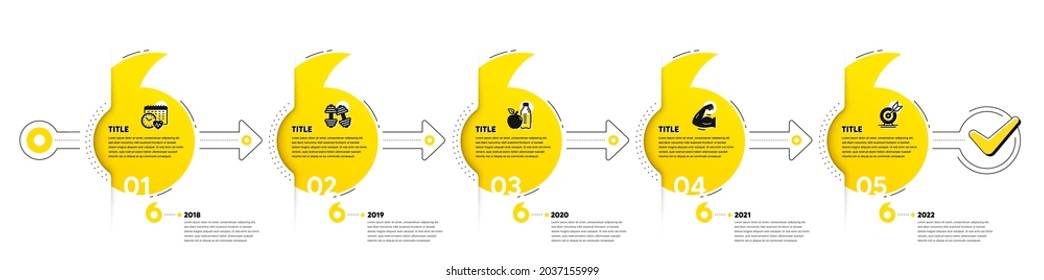 Quotes bookmarks journey infographics. Gym Infographic timeline with 5 steps. Sport process diagram with Exercise schedule, Dumbbells, Strong muscle arm and Goal target icons. Vector