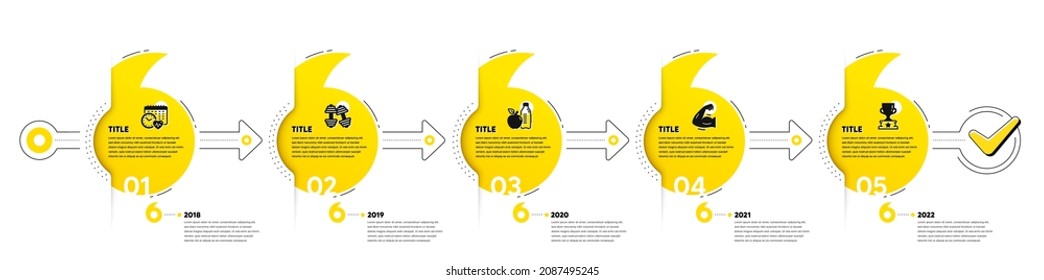 Quotes bookmarks journey infographics. Gym Infographic timeline with 5 steps. Sport process diagram with Exercise schedule, Dumbbells, Strong muscle arm and Winner cup icons. Vector