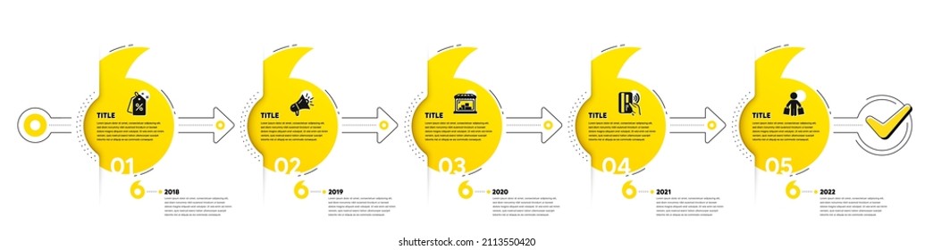 Quotes bookmarks journey infographics. Trade Infographic timeline with 5 steps. Shopping process diagram with Discounts tag, Shop, Payment and Shopper with purchases icons. Vector