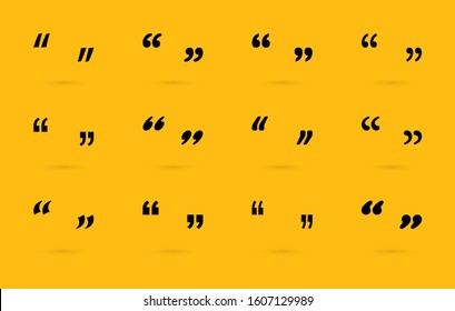 Quotes collection. Quote vector icons with shadow on yellow background. Trendy Quotes modern design elements. Big set of Quotation marks. Vector illustration