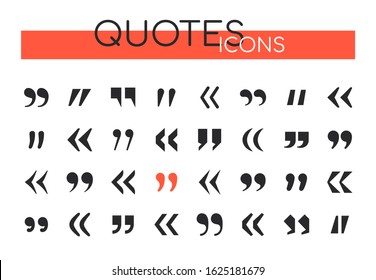 Quotes collection - set of vector web elements. Different black buttons, icons showing citation, text. Symbols of copywright, authorship. Quotation marks of different shapes and forms