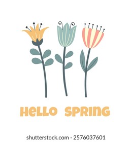 Quotes hello spring. Springtime hand drawn prints design. Template for cards, posters, postcards, prints and stickers. Isolated vector illustration.