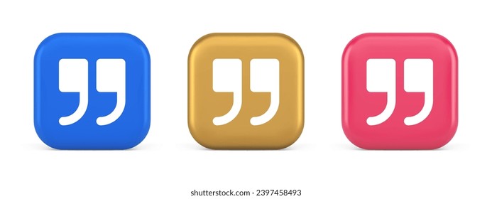 Quotes mark button chat comment cyberspace conversation dialogue 3d realistic blue gold and pink icons. Quotation sign internet discussion messenger text communication web app