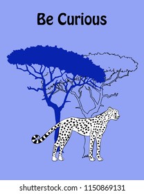  Quotes Poster with Cheetah Savanna Animal. Hand drawn vector cheetah in safari park. Hand drawn vector illustration