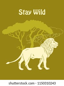  Quotes Poster with Llion Savanna Animal. Hand drawn vector  lion in  safari park. Hand drawn vector illustration