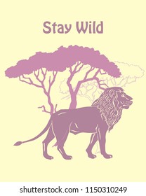  Quotes Poster with Llion Savanna Animal. Hand drawn vector  lion in  safari park. Hand drawn vector illustration
