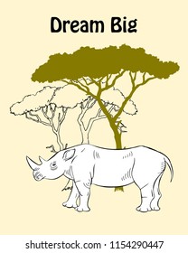  Quotes Poster with Rhinoceros Savanna Animal. Hand drawn vector rhinoceros in  safari park. Hand drawn vector illustration