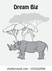  Quotes Poster with Rhinoceros Savanna Animal. Hand drawn vector rhinoceros in  safari park. Hand drawn vector illustration