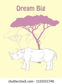  Quotes Poster with Rhinoceros Savanna Animal. Hand drawn vector rhinoceros in  safari park. Hand drawn vector illustration