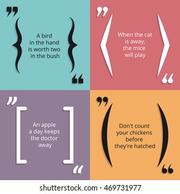 Quotes in round brackets, square braces with quotation marks for isolated text. Vector illustration